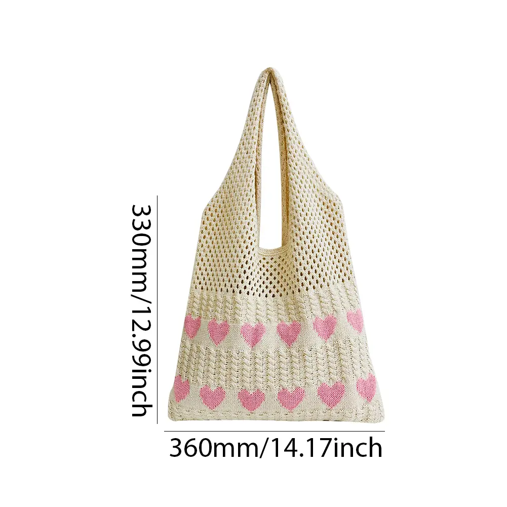 Women Hollow Out Knit Bag Large Capacity Knitted Grocery Bag Contrast Color Travel Shopping Handbag Ladies Daily Handbag