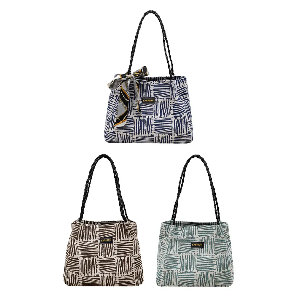 Women Trendy Tote Handbag with Ribbon Stylish Tote Bag Large Capacity Striped Handbag Female Travel Commute Bag