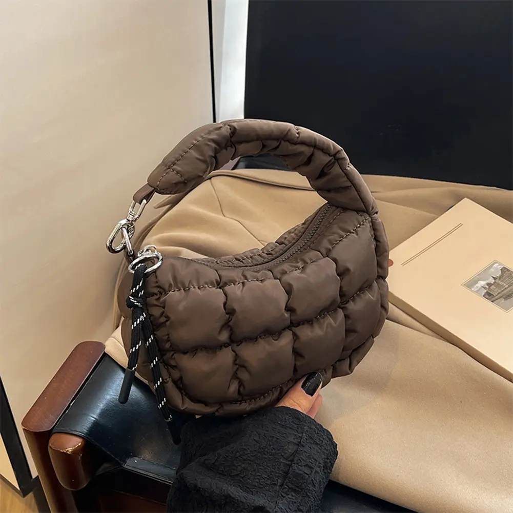 Women Cloud Padded Handbag with Pendant Pleated Quilting Handbag Solid Color Soft Pad Tote Bag Commute Bag