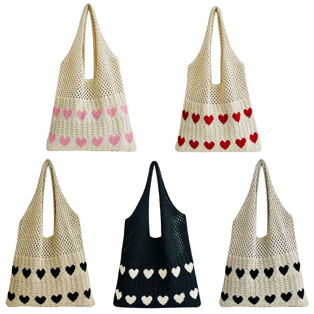 Women Hollow Out Knit Bag Large Capacity Knitted Grocery Bag Contrast Color Travel Shopping Handbag Ladies Daily Handbag