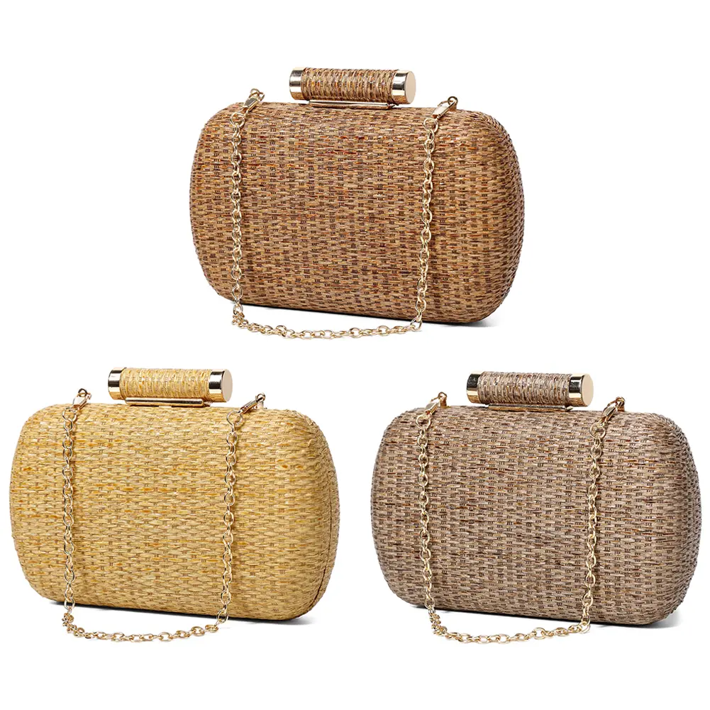 Women Straw Clutch Purse with Chain Strap Hand-Woved Evening Bag Versatile Weaving Satchel Bag Female Party Wedding Bag