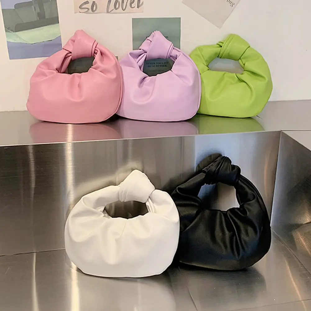 Women Small Knotted Handbags Solid Color PU Leather Knot Top Handle Bag Simple Ruched Tote Pouch for Party Vacation