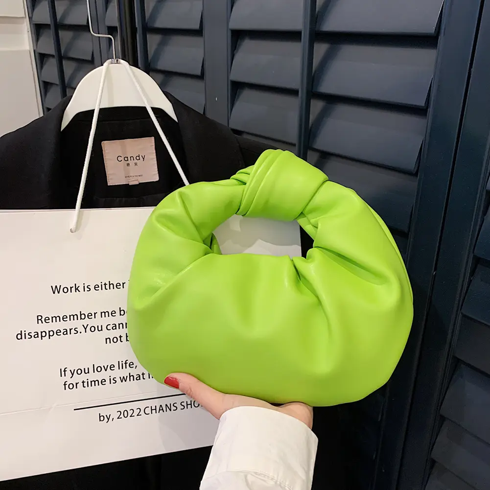 Women Small Knotted Handbags Solid Color PU Leather Knot Top Handle Bag Simple Ruched Tote Pouch for Outdoor Travel