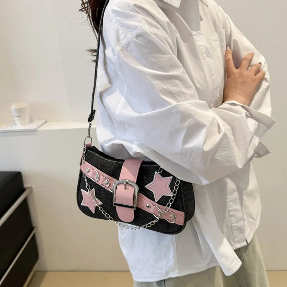 Women Denim Shoulder Bag Wear Resist Simple Armpit Bag Zipper Closure Trendy Handbag Travel Shopping Work Pouch