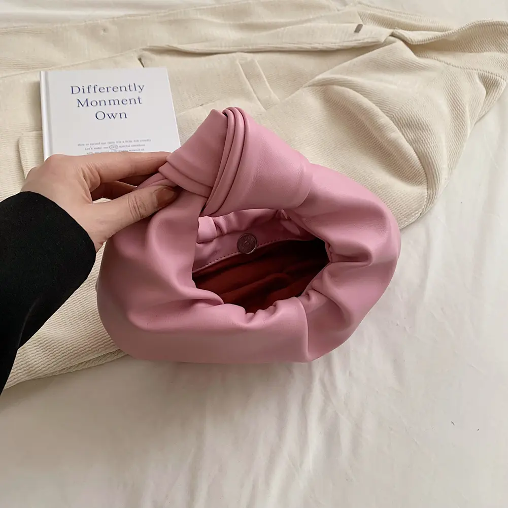 Women Small Knotted Handbags Solid Color PU Leather Knot Top Handle Bag Simple Ruched Tote Pouch for Outdoor Travel