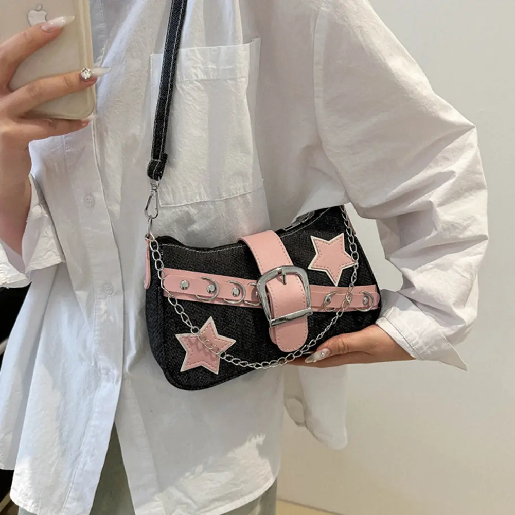 Women Denim Shoulder Bag Wear Resist Simple Armpit Bag Zipper Closure Trendy Handbag Travel Shopping Work Pouch