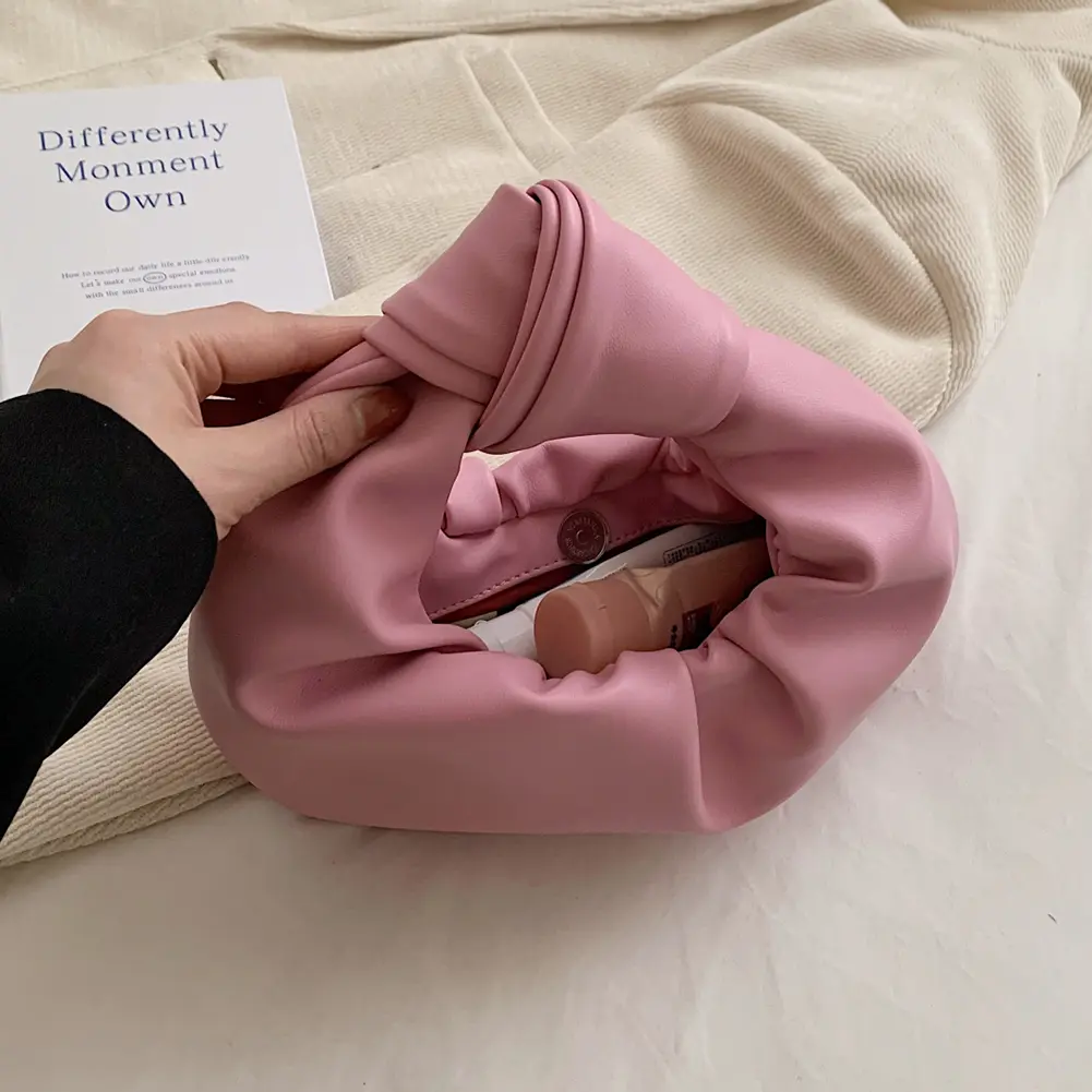 Women Small Knotted Handbags Solid Color PU Leather Knot Top Handle Bag Simple Ruched Tote Pouch for Party Vacation