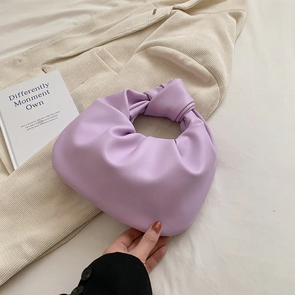 Women Small Knotted Handbags Solid Color PU Leather Knot Top Handle Bag Simple Ruched Tote Pouch for Outdoor Travel
