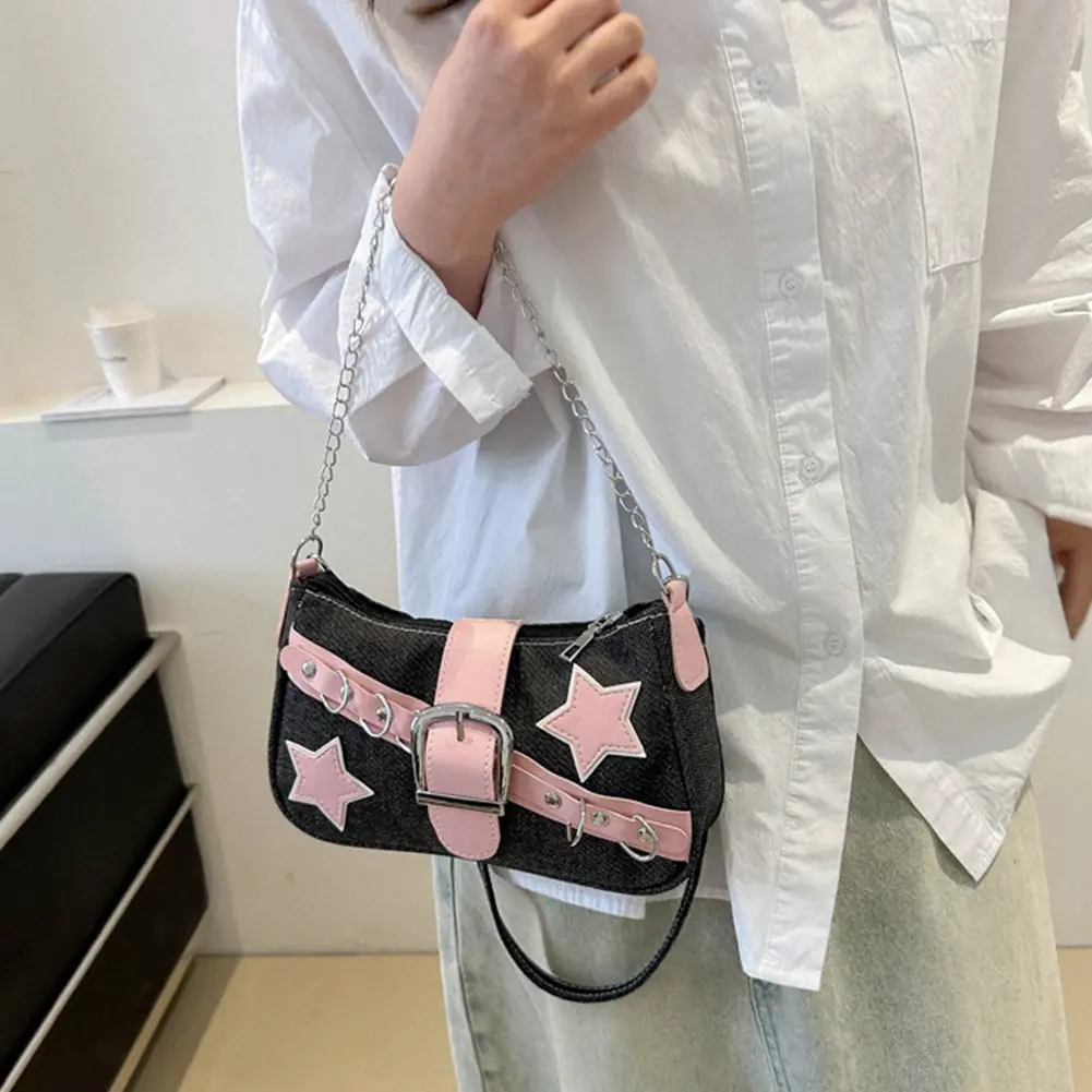 Women Denim Shoulder Bag Wear Resist Simple Armpit Bag Zipper Closure Trendy Handbag Travel Shopping Work Pouch
