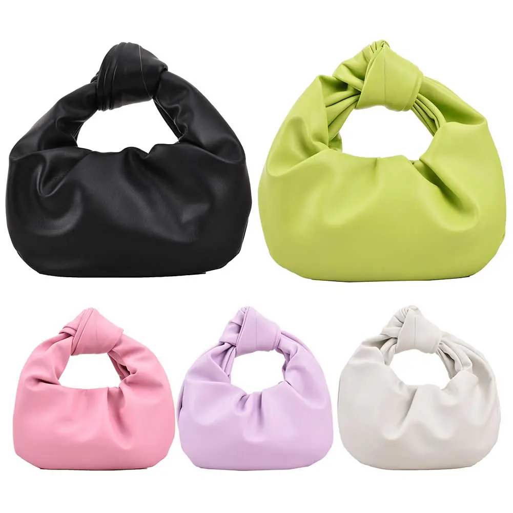 Women Small Knotted Handbags Solid Color PU Leather Knot Top Handle Bag Simple Ruched Tote Pouch for Party Vacation