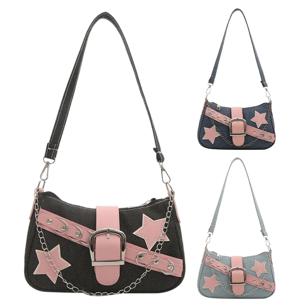 Women Denim Shoulder Bag Wear Resist Simple Armpit Bag Zipper Closure Trendy Handbag Travel Shopping Work Pouch