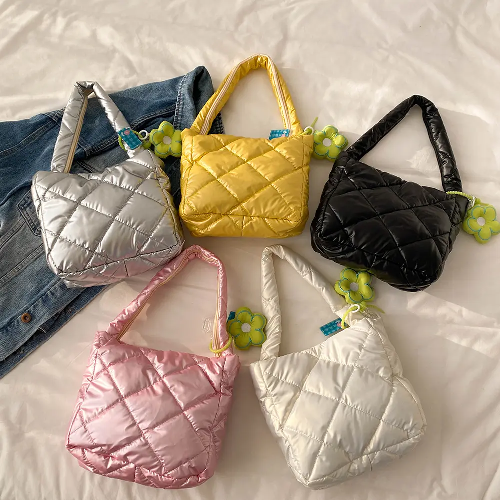 Women Soft Satchel Bag Wide Strap Quilted Top Handle Bag Large Capacity Lightweight Slouchy Bag with Pendant