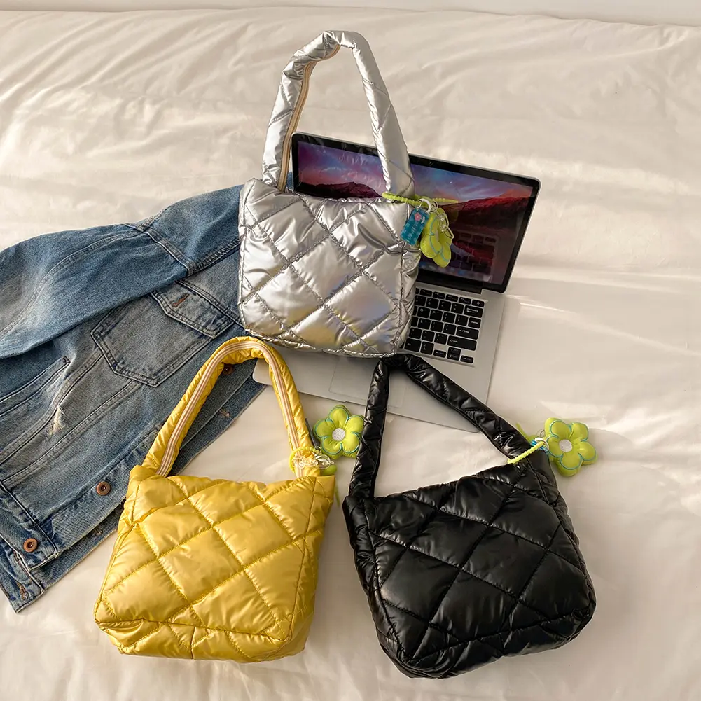Women Soft Satchel Bag Wide Strap Quilted Top Handle Bag Large Capacity Lightweight Slouchy Bag with Pendant