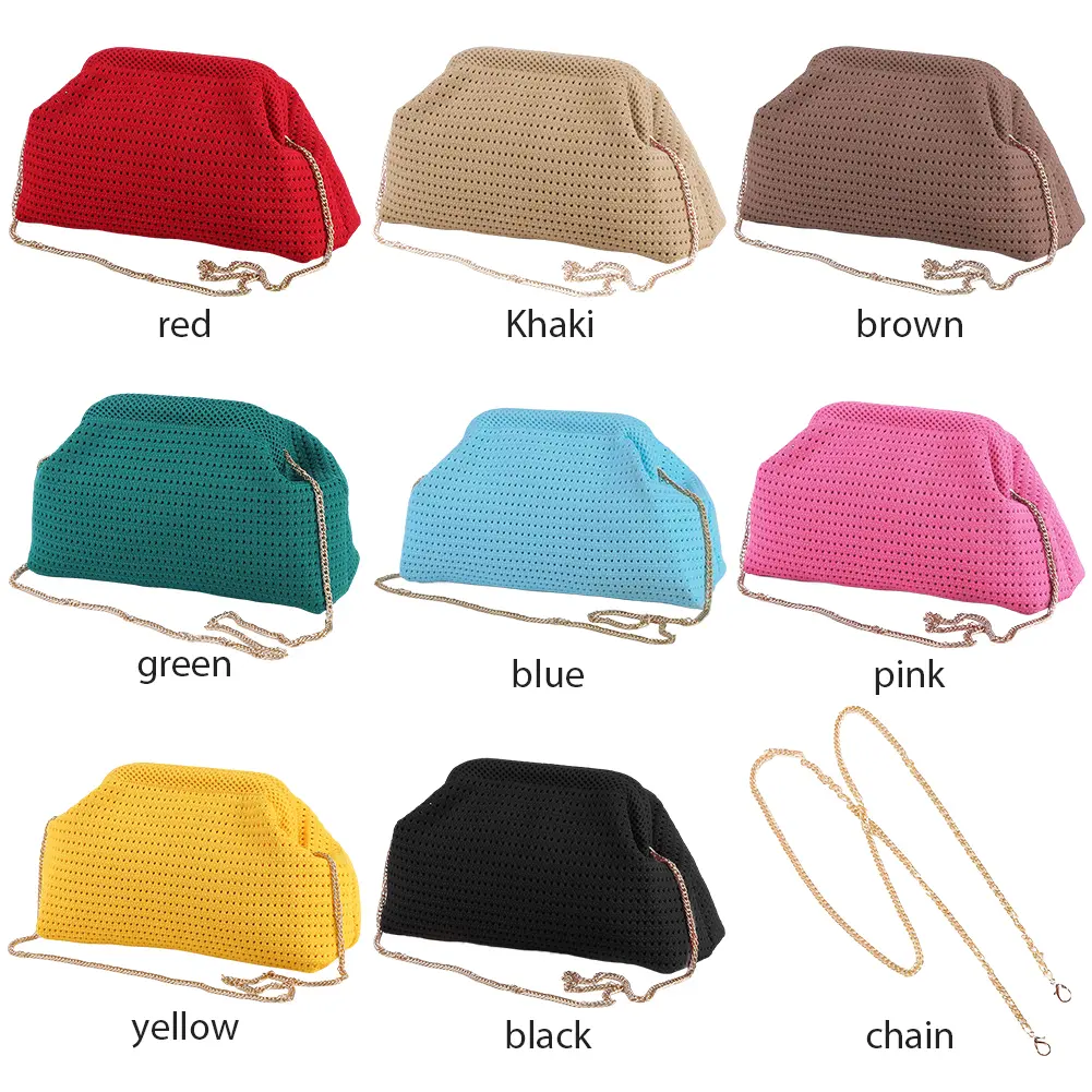 Women Crochet Solid Color Fashion Cloud Pouch Adjustable Evening Clutch Shoulder Crossbody Bag Dumpling Pouch Handbag