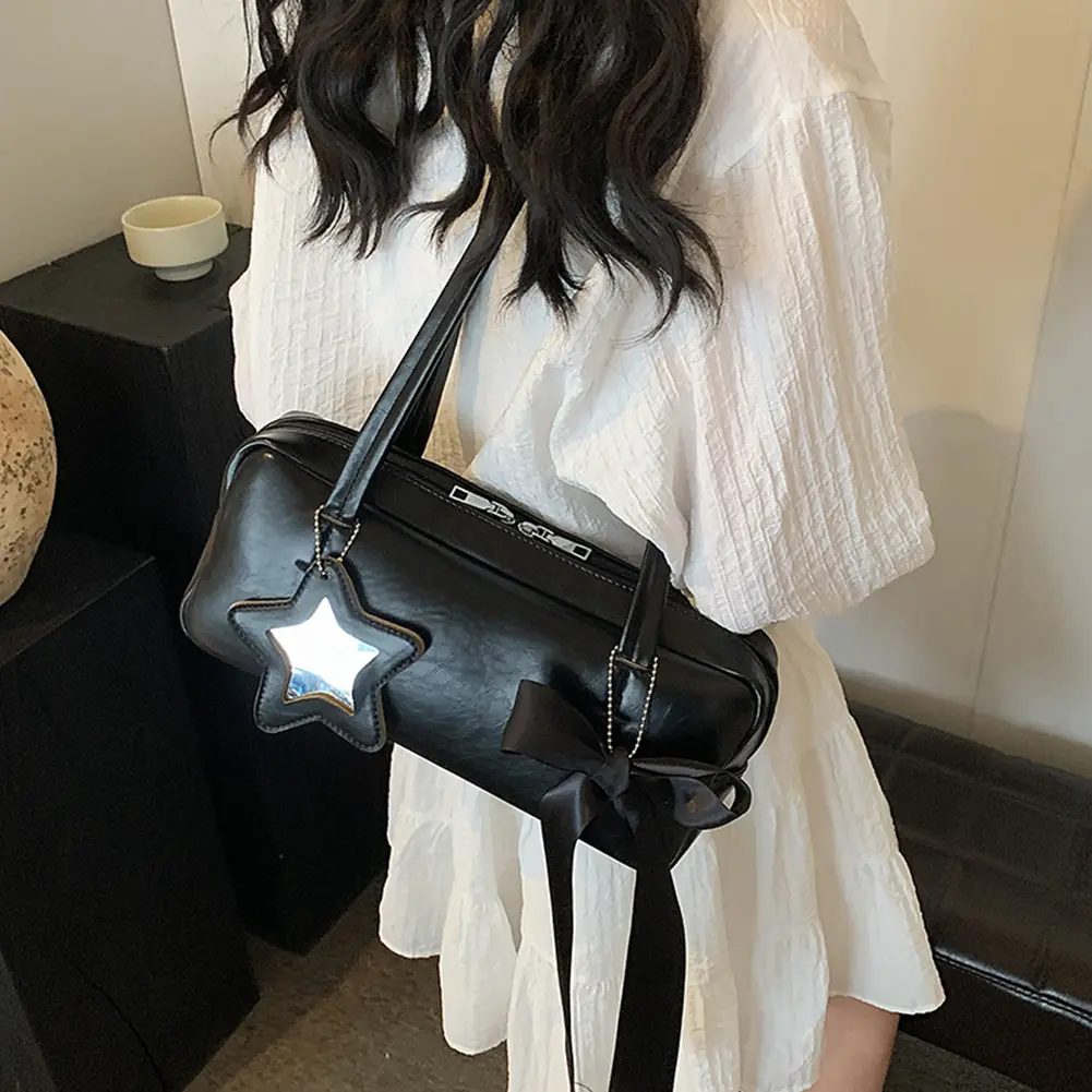 Women Leisure Armpit Handbag with Star Pendant Fashion Shoulder Purse Solid Color Y2K Underarm Bag Girls Outdoor Daily Bag