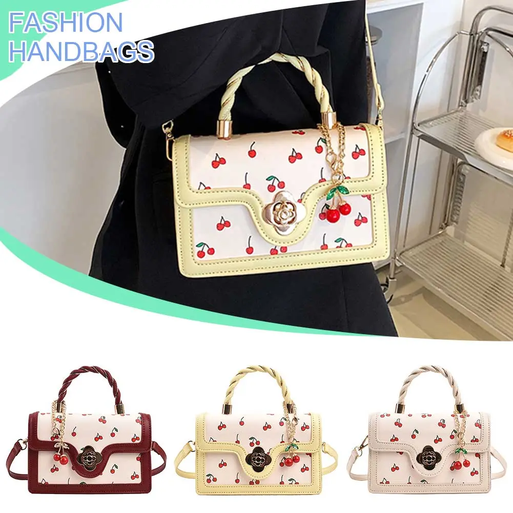 Women Cherry Shoulder Bag PU Leather Sweet Cherry Crossbody Bag Versatile Fashion Tote Handbag Female Daily Commute Bag