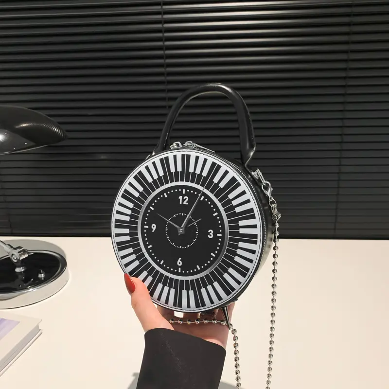 Women PU Black White Piano Clock Shoulder Purse Chain Strap Clock Shape Crossbody Bag Large Capacity Top Handle Bag