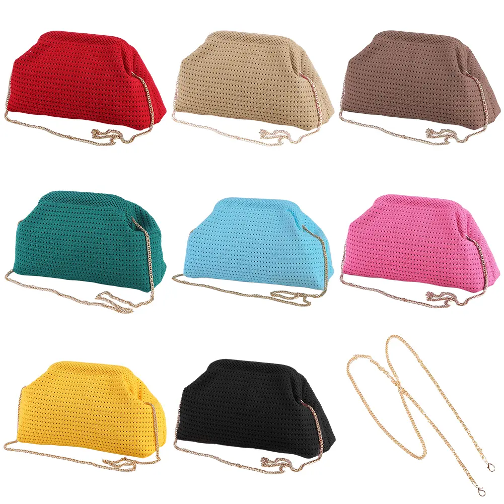 Women Crochet Solid Color Fashion Cloud Pouch Adjustable Evening Clutch Shoulder Crossbody Bag Dumpling Pouch Handbag