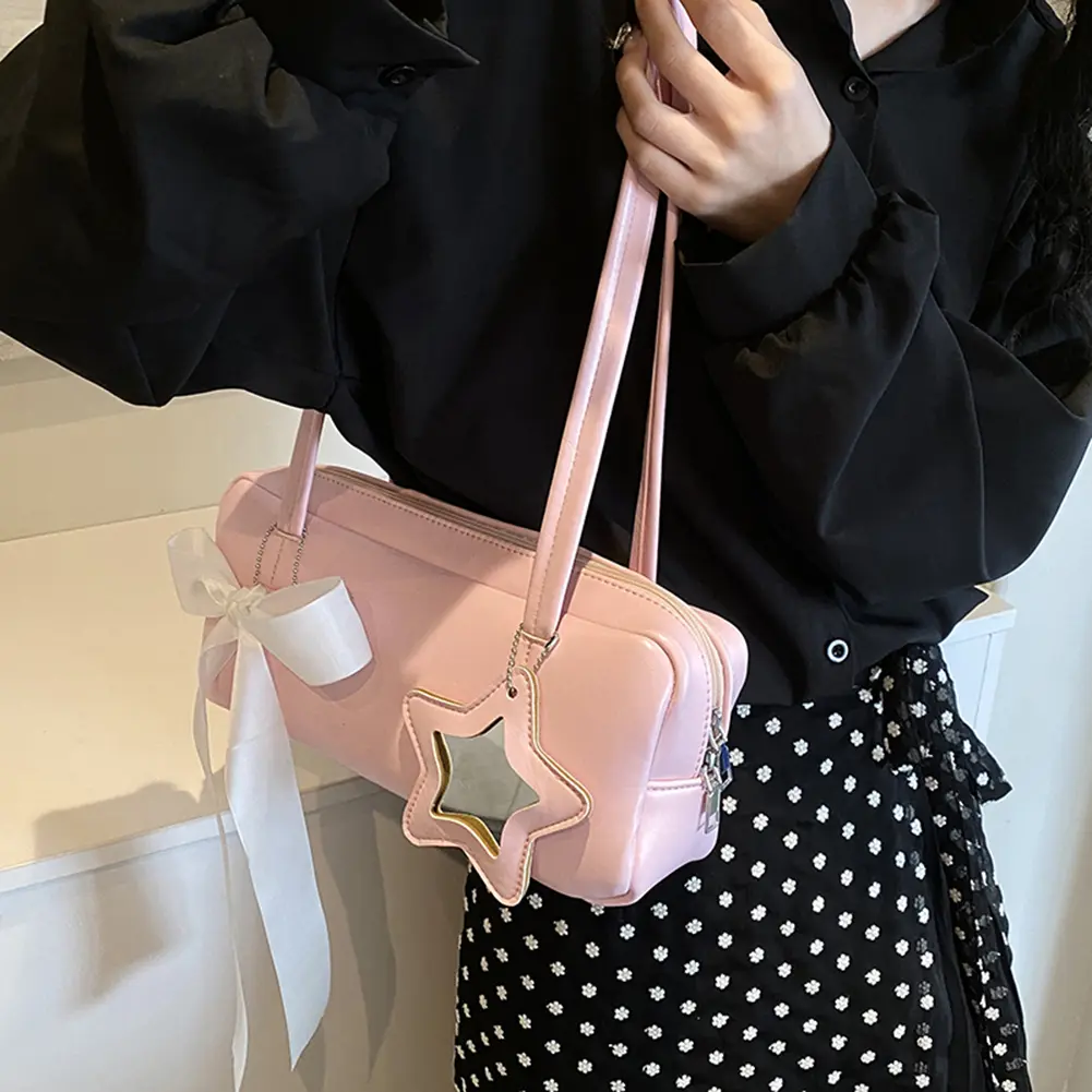 Women Leisure Armpit Handbag with Star Pendant Fashion Shoulder Purse Solid Color Y2K Underarm Bag Girls Outdoor Daily Bag