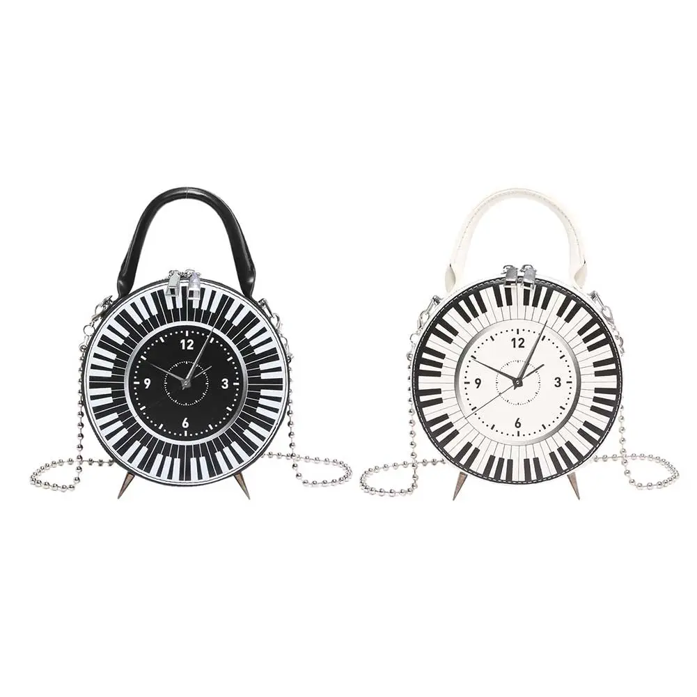 Women PU Black White Piano Clock Shoulder Purse Chain Strap Clock Shape Crossbody Bag Large Capacity Top Handle Bag