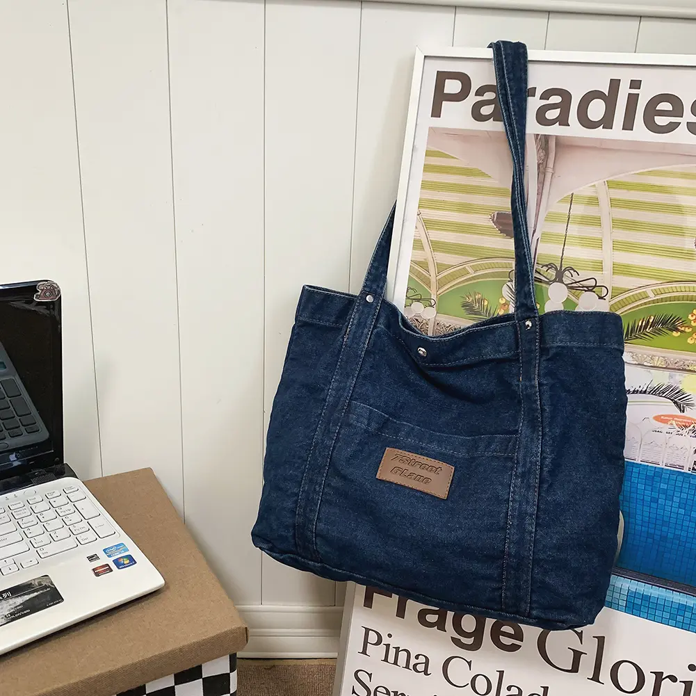 Women Vintage Shoulder Bag Large Capacity Denim Versatile Shopping Bag Solid Color for Travel Work School