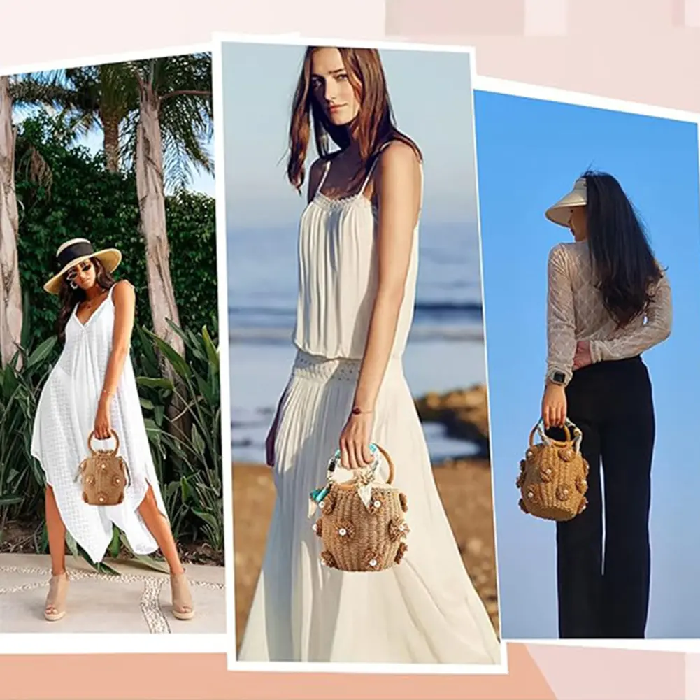 Women Straw Tote Handbag with Pearls Bohemia Bucket Handbag Hand-Woven Straw Bag Summer Holiday Beach Bag