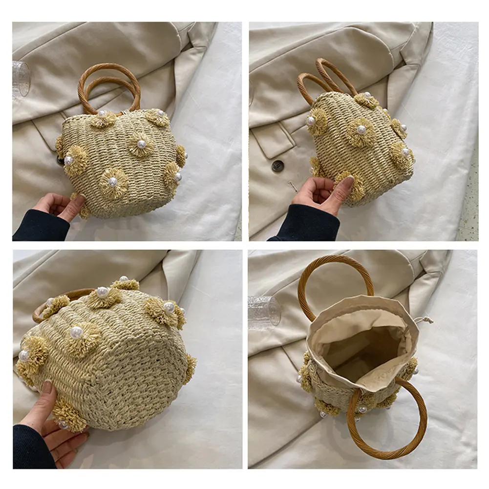 Women Straw Tote Handbag with Pearls Bohemia Bucket Handbag Hand-Woven Straw Bag Summer Holiday Beach Bag