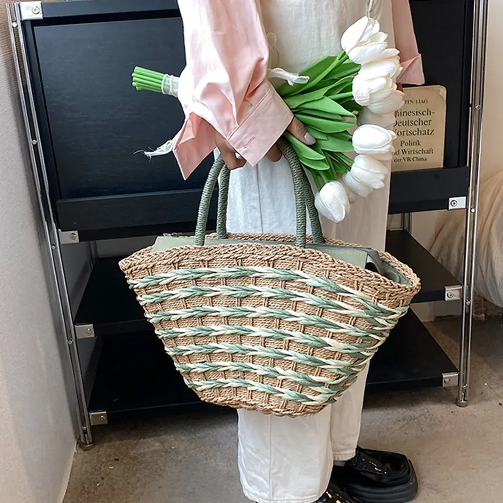 Women Straw Woven Tote Bag Summer Beach Bags Zipper Closure Fashion Woven Handbag Handwoven Shoulder Bag for Travel Shopping