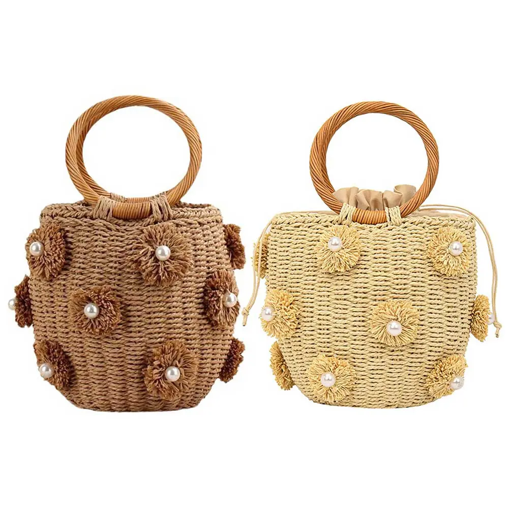 Women Straw Tote Handbag with Pearls Bohemia Bucket Handbag Hand-Woven Straw Bag Summer Holiday Beach Bag