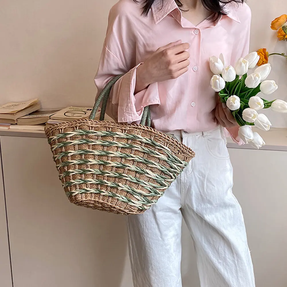 Women Straw Woven Tote Bag Summer Beach Bags Zipper Closure Fashion Woven Handbag Handwoven Shoulder Bag for Travel Shopping