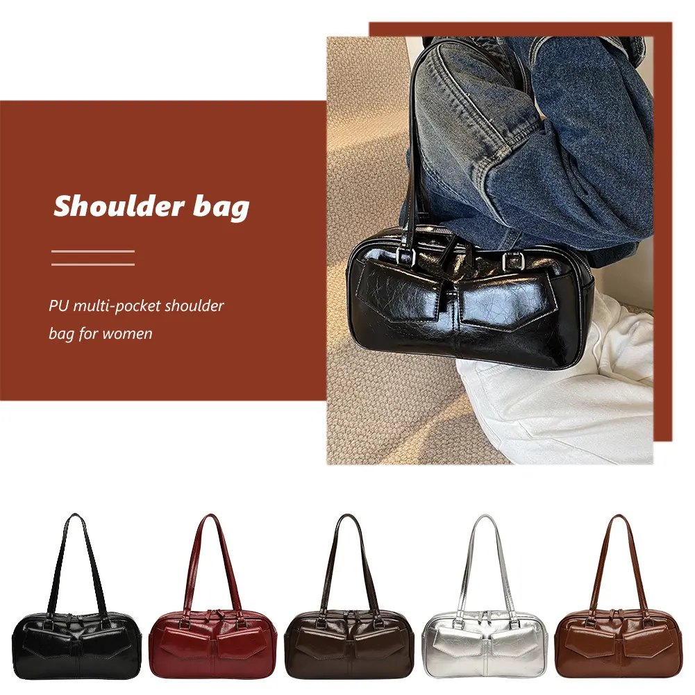 Women Small Shoulder Bags Female Underarm Bag PU Leather Fashion Trend Underarm Bag Multi Pockets Solid Simple Commute Tote