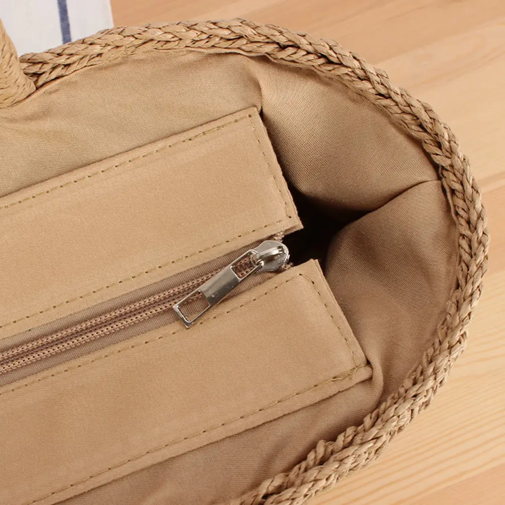 Women Straw Woven Tote Bag Summer Beach Bags Zipper Closure Fashion Woven Handbag Handwoven Shoulder Bag for Travel Shopping