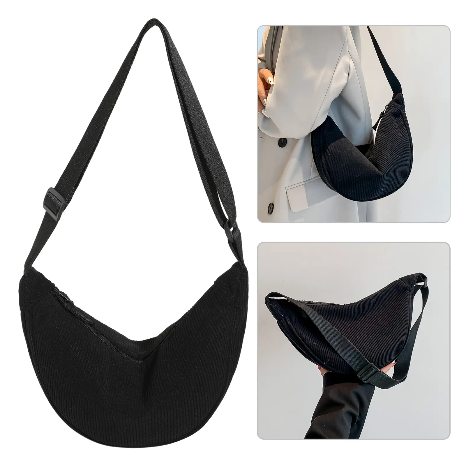 Dumpling Bag Crossbody Bag Adjustable Strap Corduroy Stylish Shoulder Bag Solid Color Chest Bag Casual Commuting Bag
