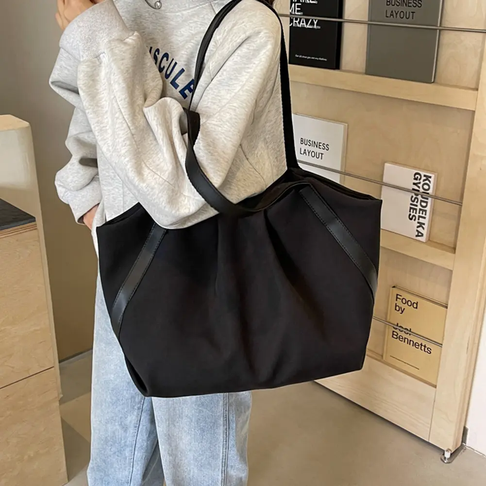 Women Shopping Handheld Bag Large Capacity Canvas Simple Shoulder Bag Contrast Color Beach Tote Bag Daily Bag for Female