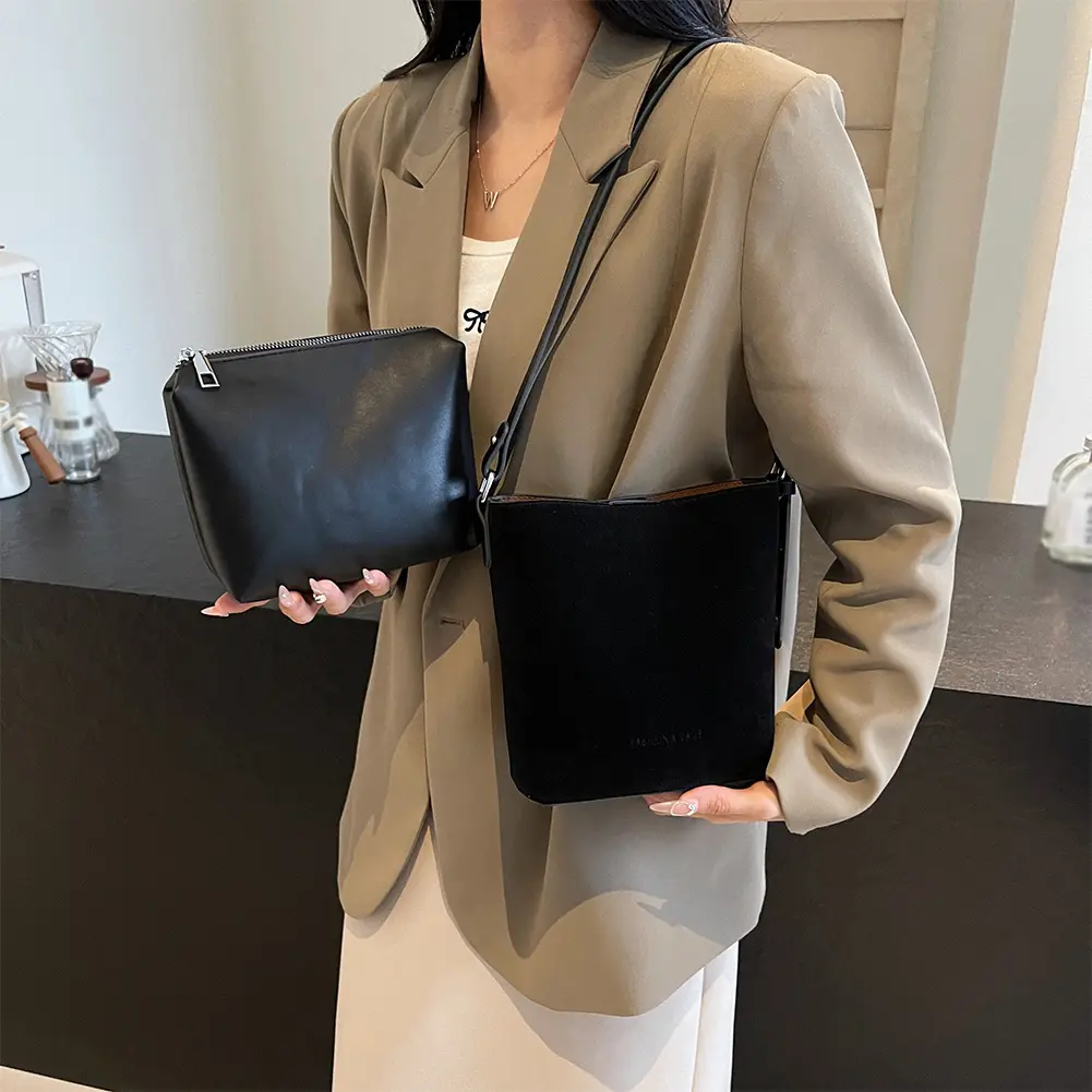 Women Suede Crossbody Bag Magnetic Closure Bucket Bag Adjustable Strap Handbag Trendy Tote Bag for Work Travel