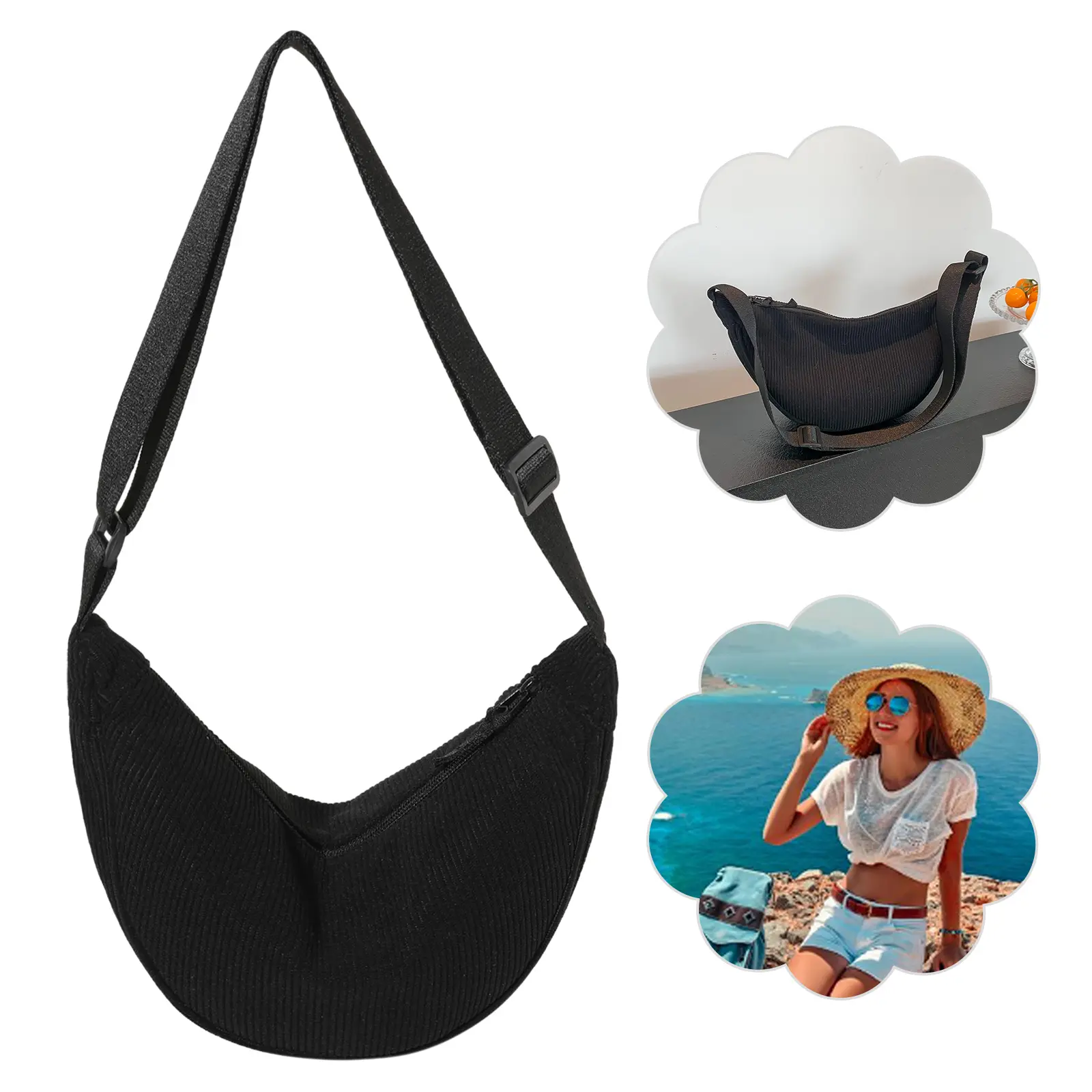 Dumpling Bag Crossbody Bag Adjustable Strap Corduroy Stylish Shoulder Bag Solid Color Chest Bag Casual Commuting Bag