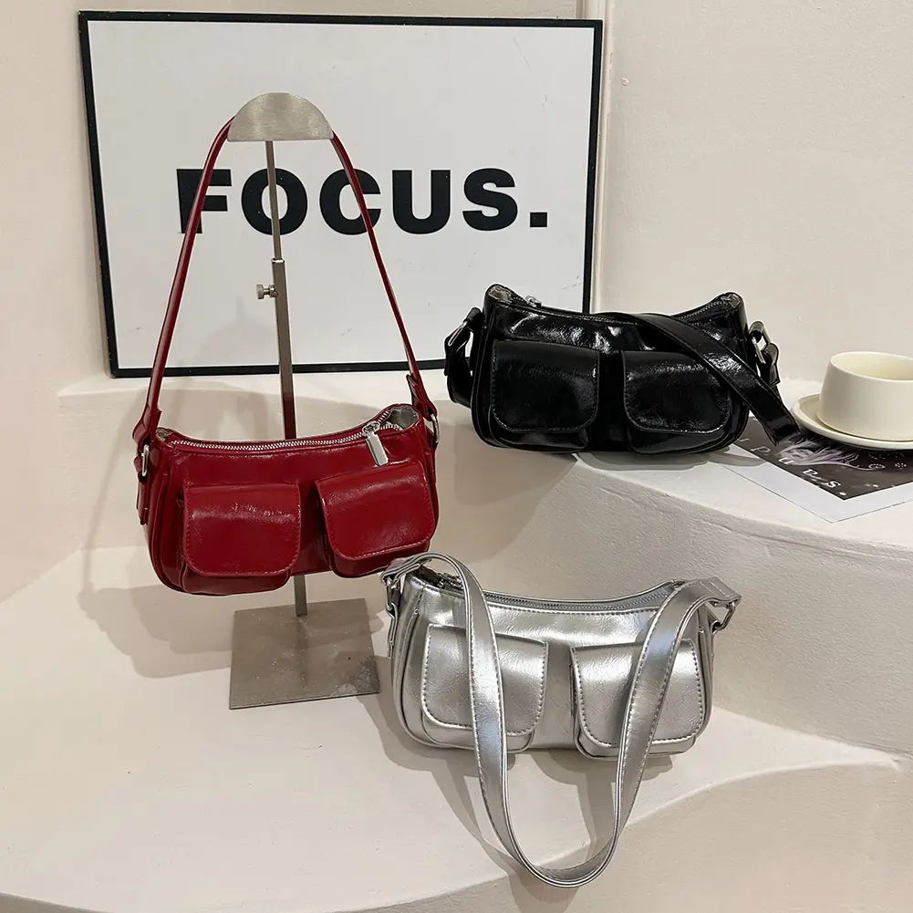 Women Satchel Hobo Bag Double Pockets PU Leather Handbag Solid Color Underarm Bag Clutch Purse Shopping Bag
