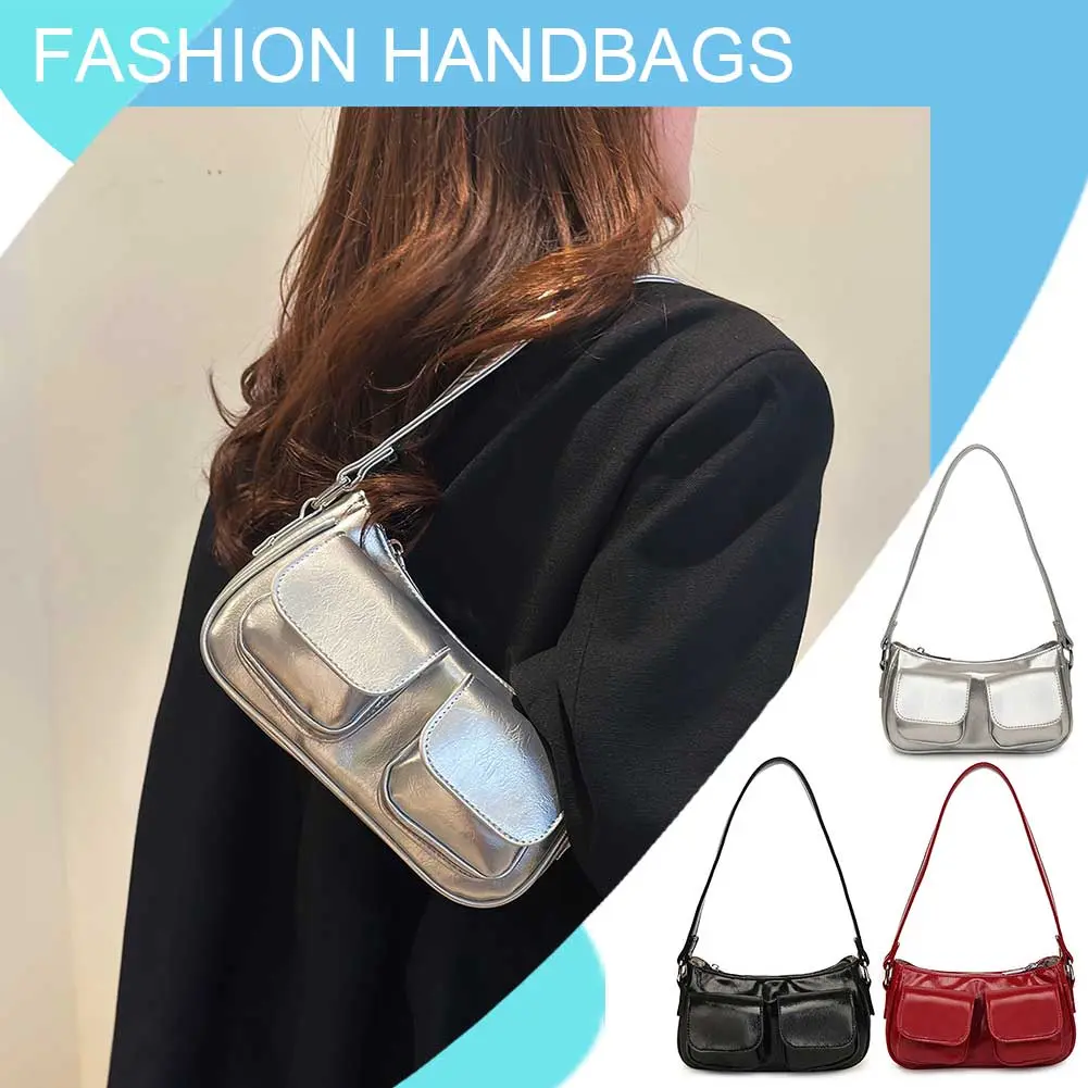Women Satchel Hobo Bag Double Pockets PU Leather Handbag Solid Color Underarm Bag Clutch Purse Shopping Bag
