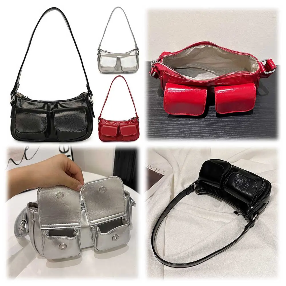 Women Satchel Hobo Bag Double Pockets PU Leather Handbag Solid Color Underarm Bag Clutch Purse Shopping Bag