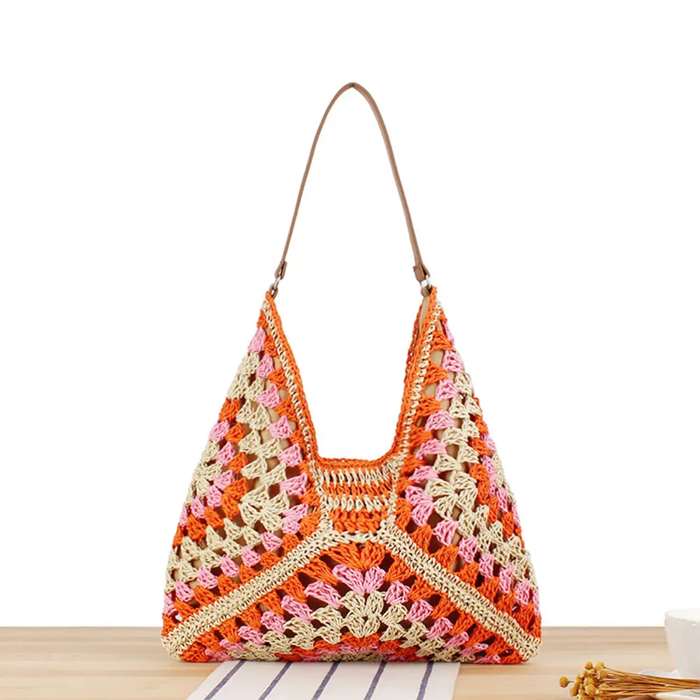 Women Handmade Woven Bags Large Capacity Crochet Hobo Bags Hollow Out Handbags Patchwork Hasp Closure for Beach Vacation