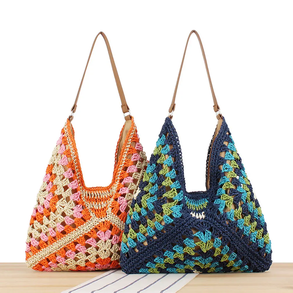 Women Handmade Woven Bags Large Capacity Crochet Hobo Bags Hollow Out Handbags Patchwork Hasp Closure for Beach Vacation