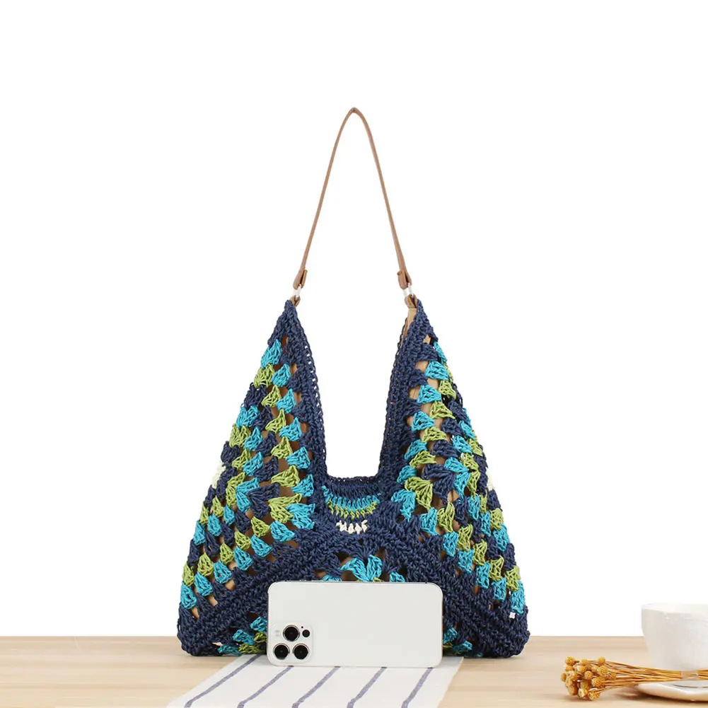 Women Handmade Woven Bags Large Capacity Crochet Hobo Bags Hollow Out Handbags Patchwork Hasp Closure for Beach Vacation