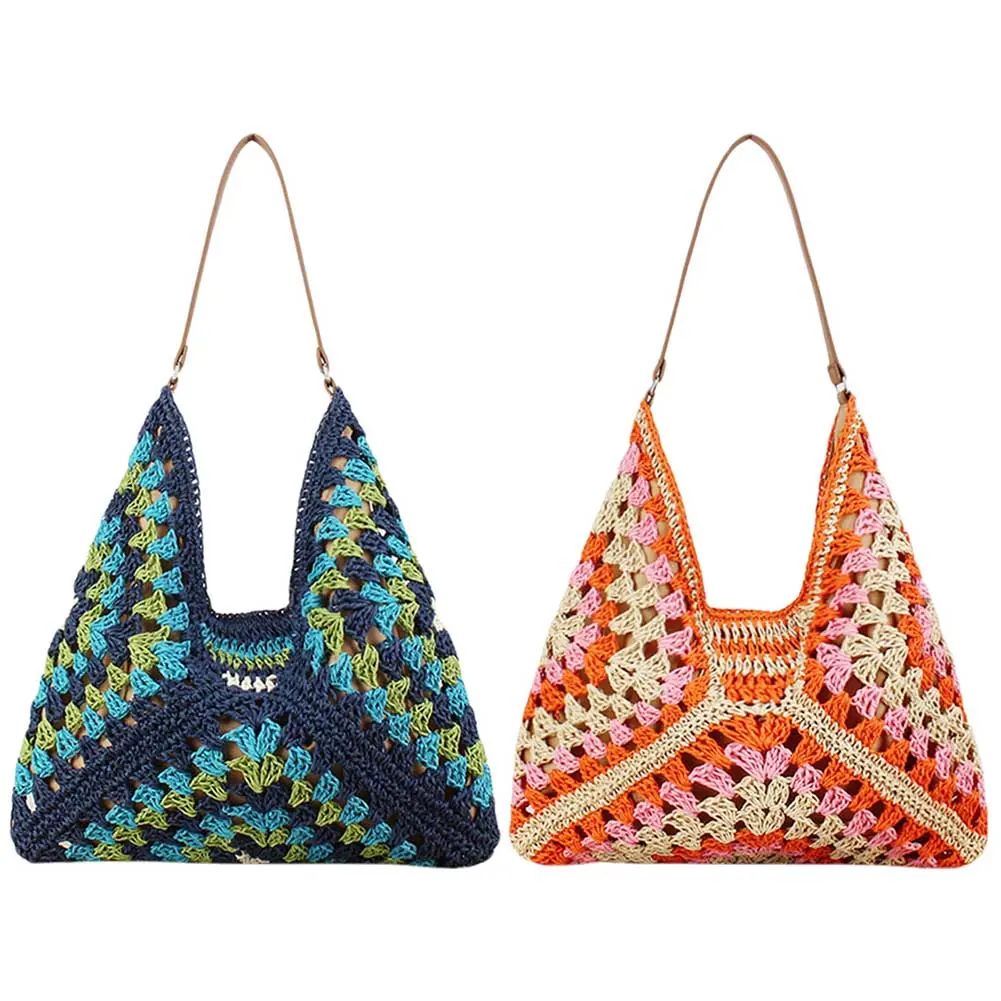 Women Handmade Woven Bags Large Capacity Crochet Hobo Bags Hollow Out Handbags Patchwork Hasp Closure for Beach Vacation
