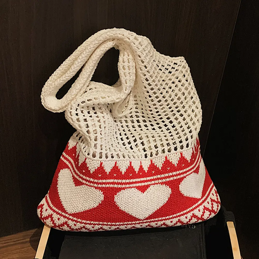 Women Aesthetic Love Hobo Bag Hollow Out Knitting Shoulder Bag Large Capacity Knitted Beach Handbag Ladies Daily Handbag