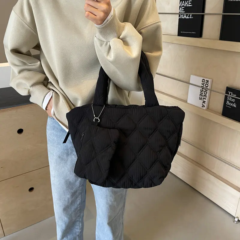 Women Puffer Tote Bag Large Capacity Top Handle Handbag Diamond Pattern Solid Color for Work Travel Gym Shop