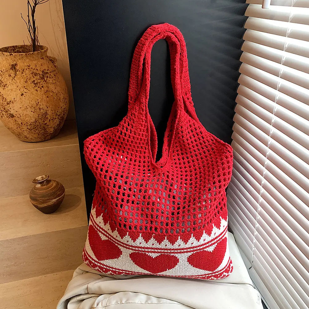Women Aesthetic Love Hobo Bag Hollow Out Knitting Shoulder Bag Large Capacity Knitted Beach Handbag Ladies Daily Handbag
