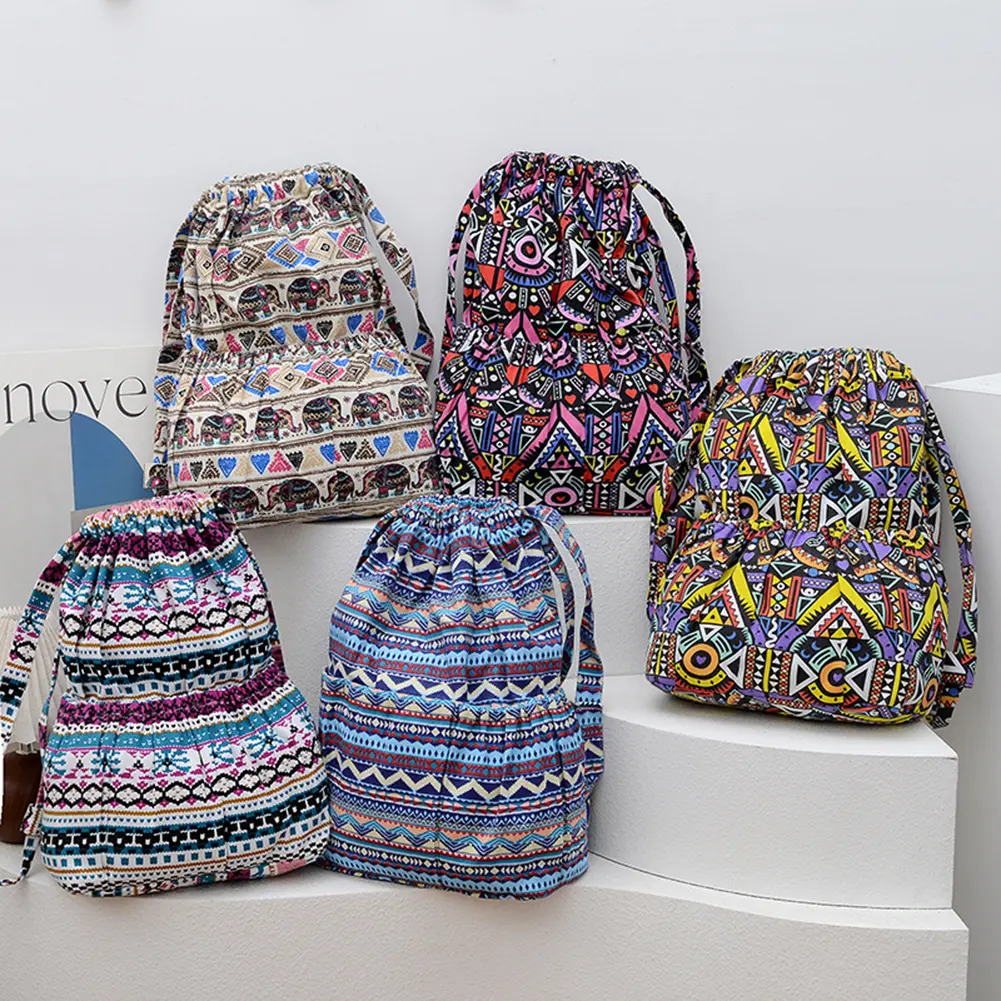 Women Boho Printed Backpack Ethnic Style Canvas Vintage Drawstring Backpack Geometric Patterns Backpack Outdoor Daily Backpack