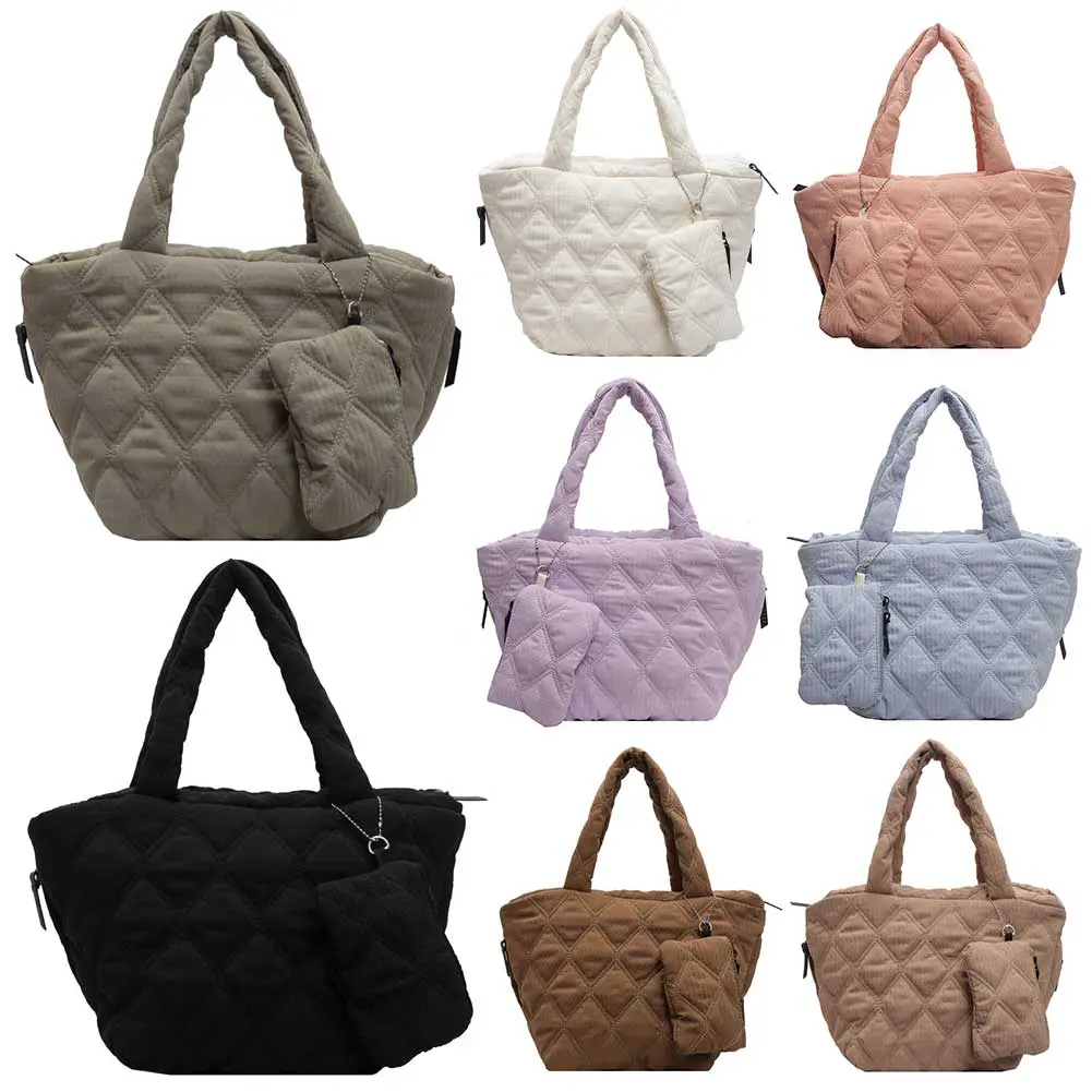 Women Puffer Tote Bag Large Capacity Top Handle Handbag Diamond Pattern Solid Color for Work Travel Gym Shop