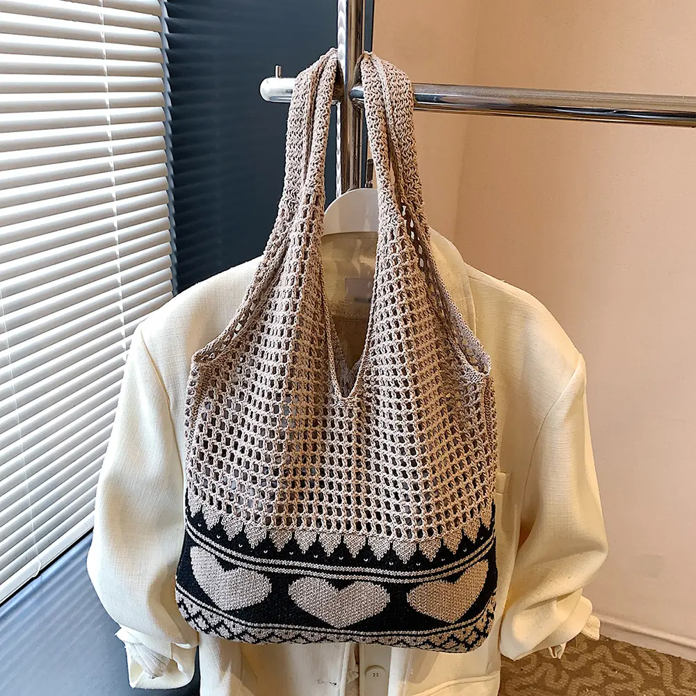Women Aesthetic Love Hobo Bag Hollow Out Knitting Shoulder Bag Large Capacity Knitted Beach Handbag Ladies Daily Handbag