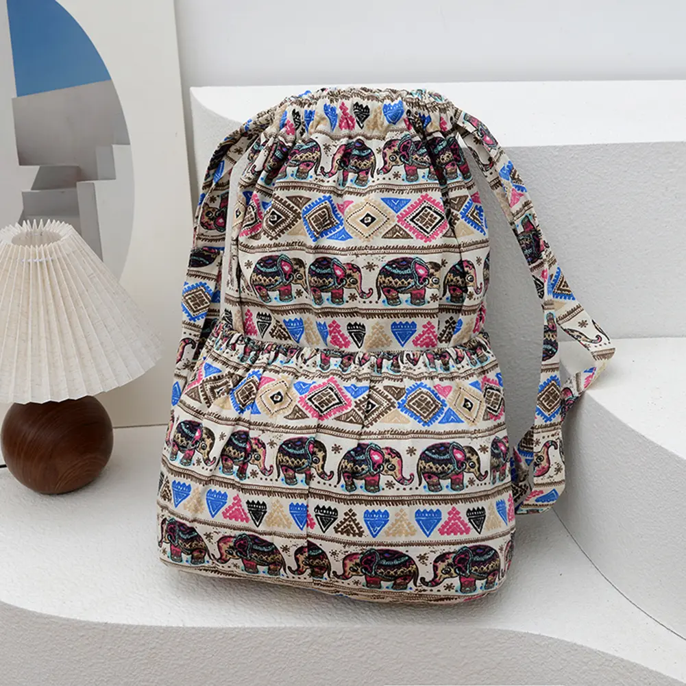 Women Boho Printed Backpack Ethnic Style Canvas Vintage Drawstring Backpack Geometric Patterns Backpack Outdoor Daily Backpack